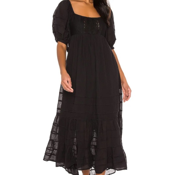 FREE PEOPLE Black Lets Be Friends Drawstring Waist Puff Sleeve Midi Dress L - Picture 6 of 8
